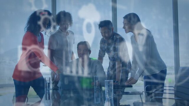 Tech team gathering at laptop, operator tapping causing cloud, chart icons pulsing, reviewing data