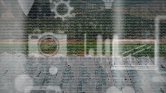 Camera panning from grass verge into close roof panels, AR icons overlaying scan-line noise fading