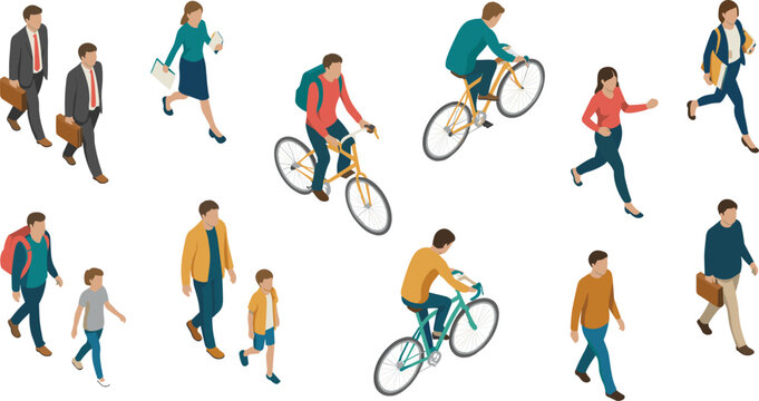 Isometric people walking and cycling characters set, urban commuters, business people, students and pedestrians daily lifestyle illustration collection