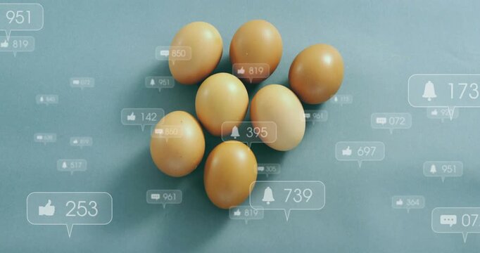 Notifications rising over eight eggs on teal backdrop, sparking social media callouts showing reach