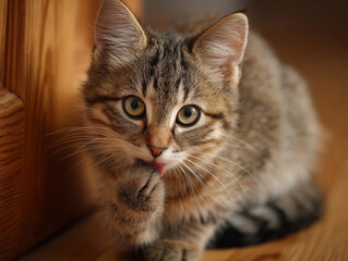 Adorable kitten licking paw on wooden floor