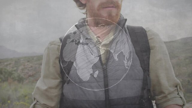Hiker reading map on hillside map-led rotating globe overlay aiding travel while scanning horizon
