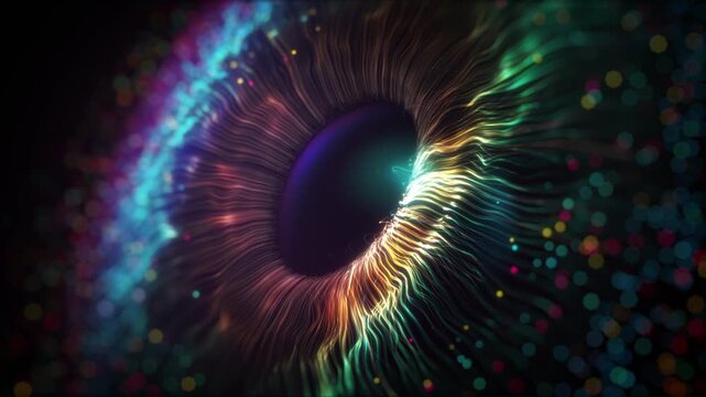 Abstract Colorful Digital Eye Iris With Luminous Energy Strands and Futuristic Light Particles