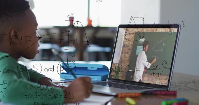 Child writing as laptop teacher drawing triangle, math overlays marking notes learning geometry