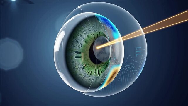 Laser eye surgery procedure showing focused beam passing through human eyeball for vision correction treatment medical illustration