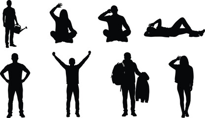 Silhouette people vector illustration, standing, sitting, saluting, lying, watering can, backpack, coat, celebration gesture, human posture collection, body language design art © Hey there