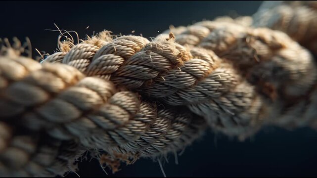 Close-up of a frayed rope against a dark background with warm lighting and shallow depth of field.