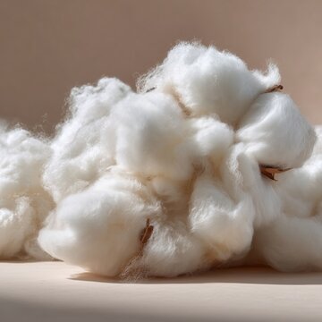 Natural cotton balls with soft fluffy fibers on neutral background. Organic textile raw material concept representing cotton fiber, sustainable fabric production and natural texture.