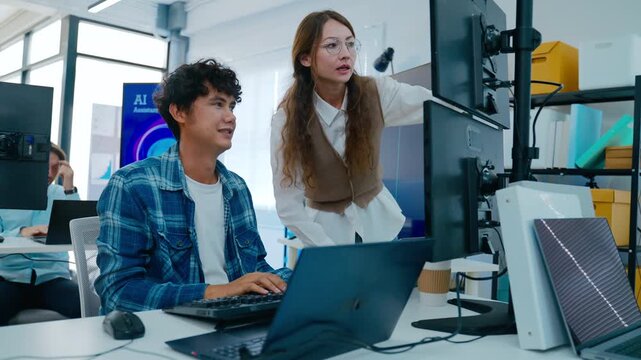 Young male,Adult female freelance typing write prompt AI bot IT app smart program,develop agentic ai,terminal with coding language,ux ui interface,designer,big data server center,quantum computer.