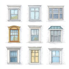 Fototapeta premium Graphic study of window frames and openings for architectural design on white background