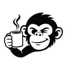 Obraz premium Smirking monkey holding a steaming coffee mug in bold black vector style. Character mascot for cafe branding, morning mood, caffeine humor, office breaks and drink themed stickers.