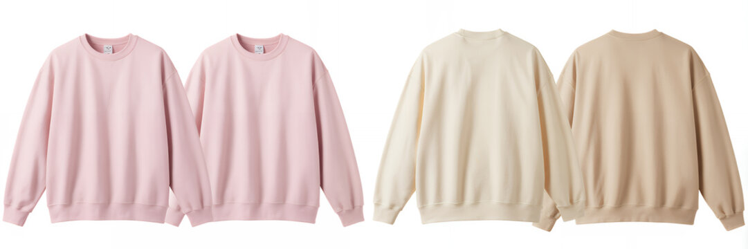 Pink and beige crew neck sweaters side by side pink sweaters
