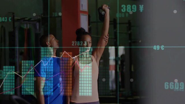 Trainer cueing woman lifting weight in gym, animated charts rising across frame monitoring form