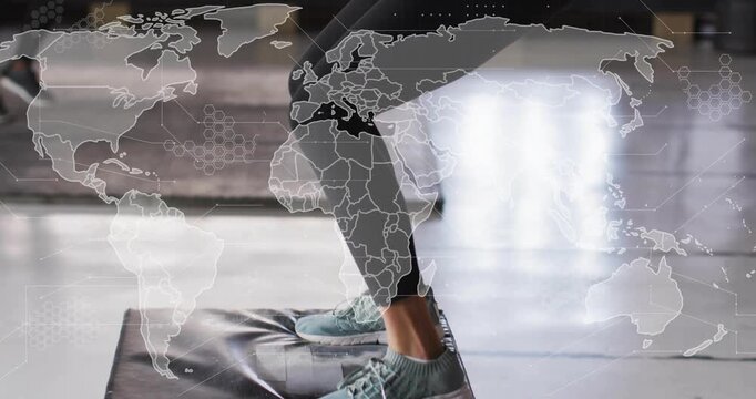 Woman athlete bending knees clearing 20" box for fitness landing lunging map overlay over subjects
