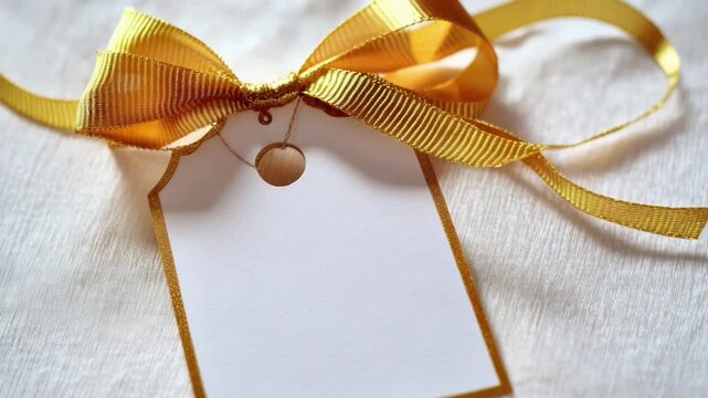 A simple white gift tag with a gold ribbon and bow, perfect for wrapping presents or decorating special occasions