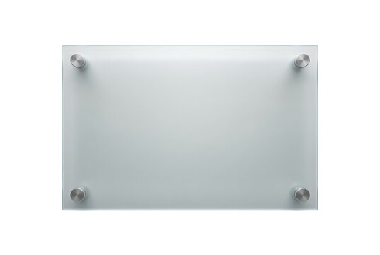 Frosted glass plaque with metal standoffs isolated. Corporate wall sign mockup.