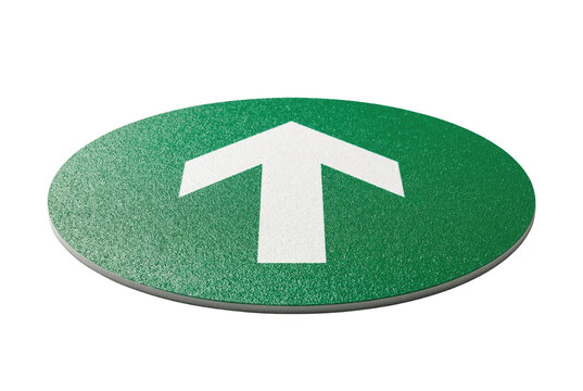 Green floor decal with white arrow perspective view isolated. Directional wayfinding sticker.