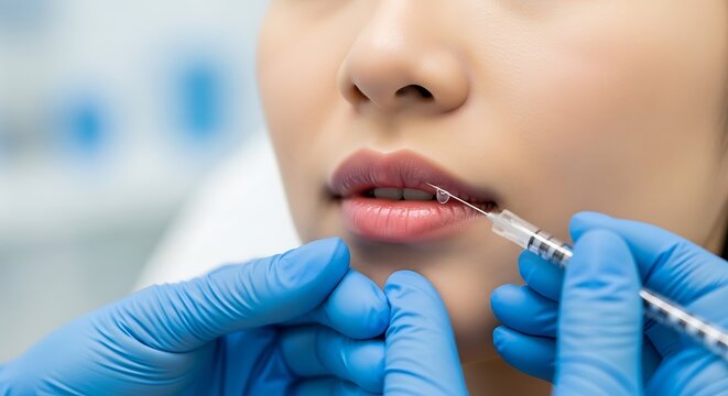Medical professional administers substance to patient's lips using a fine needle syringe