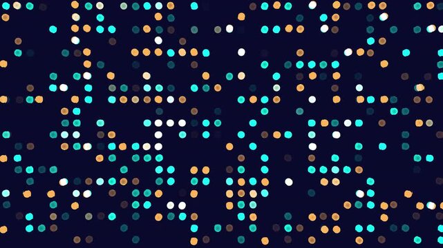 Grid twinkling Abstract digital background with small glowing cyan, gold and white dots on a dark blue surface, creating a futuristic pixelated pattern. 4K video