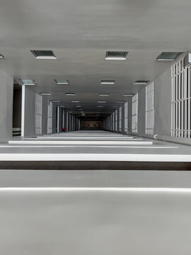 Low angle view of modern apartment atrium. 