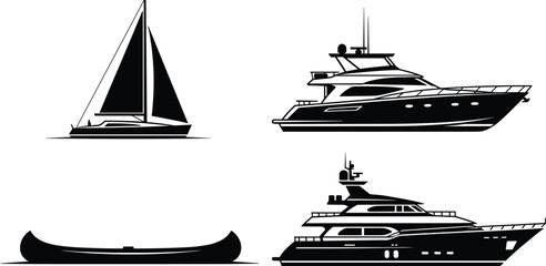 Boat silhouette vector illustration set, sailboat canoe motor yacht designs, black and white watercraft artwork, nautical transport collection, marine vessel graphic design © Ashraful