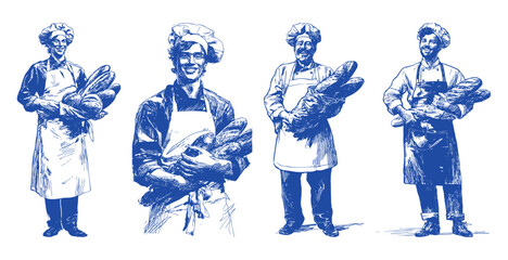 Baker people holding bread bakery worker characters. Set of bakers with fresh baguettes in detailed pencil hand drawn drawing style. Background for bakery branding and food industry design.