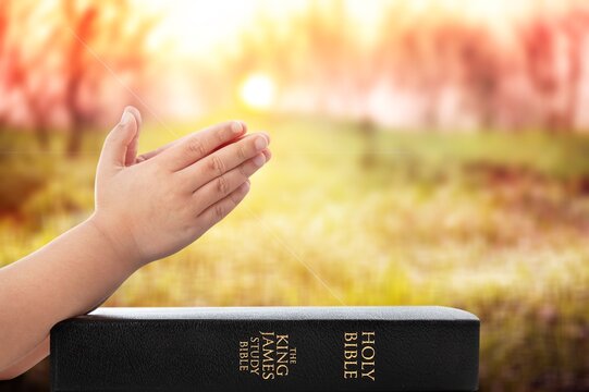 Christian person hands hold Holy Bible book