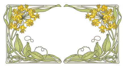 Art Nouveau floral border with yellow daffodils and green leaves, ornate frame design © nia