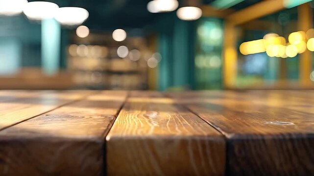 Empty wooden table surface with warm sunlight and blurred background