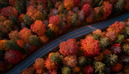 Fototapeta premium Aerial view of a road through an autumn forest. Top down view of colorful fall foliage and a winding highway. Drone shot of red and orange trees in the woods