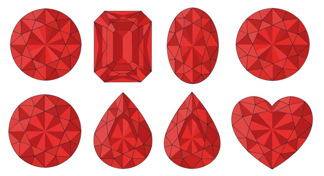 Collection of red gemstones in various cuts: round, emerald, oval, pear, and heart shapes.