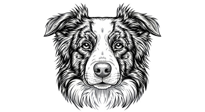 Detailed Sketch Portrait of a Border Collie Dog Head, Black and White Drawing
