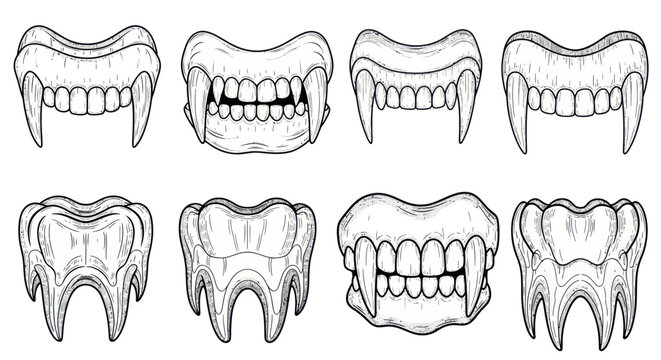 Set of Vampire Fangs and Molars Hand Drawn Sketch