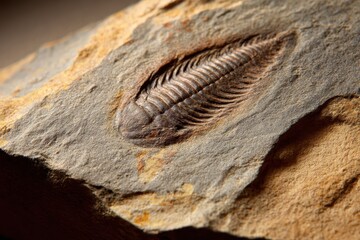 Close-up of ancient fossil imprint on rock slab showing segmentation and mineral tones