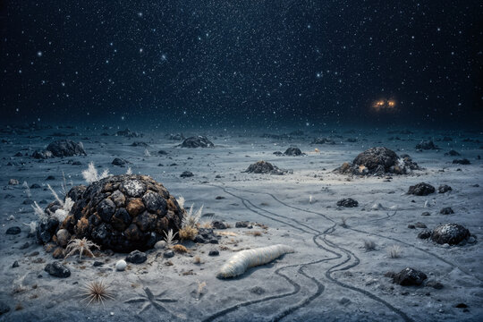 Abyssal plain deep sea polymetallic nodules and undisturbed abyssal ecosystem at 4-5 km depth with marine snow and research submersible lights UN deep sea moratorium protection concept