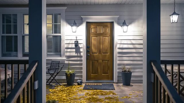 Cozy Front Porch with Wooden Door and Decorative Elements.