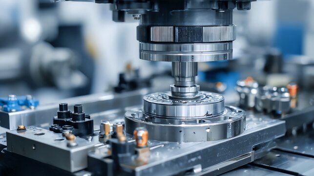 Close-up of a precision machining process showcasing intricate components being shaped and assembled in a modern manufacturing environment, emphasizing technology and engineering.