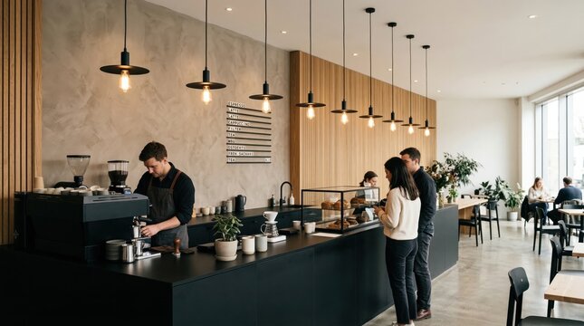 Modern cafe interior with barista preparing coffee and customers