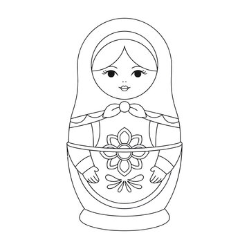 Traditional matryoshka russian nesting doll with floral design black and white line art illustration isolated on white background cultural heritage simplicity minimalism folk art hand drawn style
