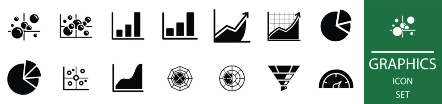 Set of 14 Black Graphics Icons Vector for Data Analysis and Business Infographics, Featuring Bar Charts, Line Graphs, Pie Charts, and Scatter Plots