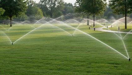 Automatic irrigation sprinkler system watering green grass in public park. Lawn landscape maintenance and hydration. Gardening technology for plant growth and garden care in summer season.