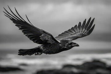Fototapeta premium Black raven with wings spread against a dramatic seaside backdrop
