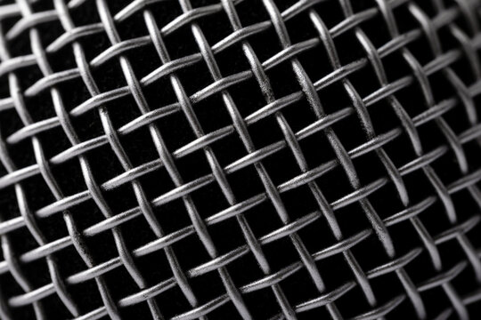 Detailed macro shot of a metallic microphone grill, showing interwoven mesh texture. Perfect for music, audio, or technology concepts.