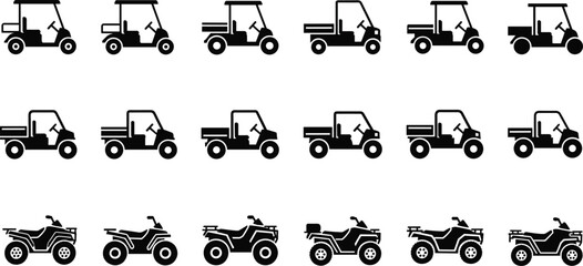Utility vehicle silhouette vector illustration set, golf cart compact truck ATV designs, black and white transport artwork, recreational automotive graphic collection © Ashraful