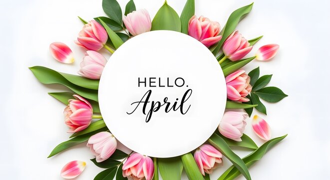 Spring background with circle frame and pink tulips flowers for hello april celebration on white background with green leaves decoration