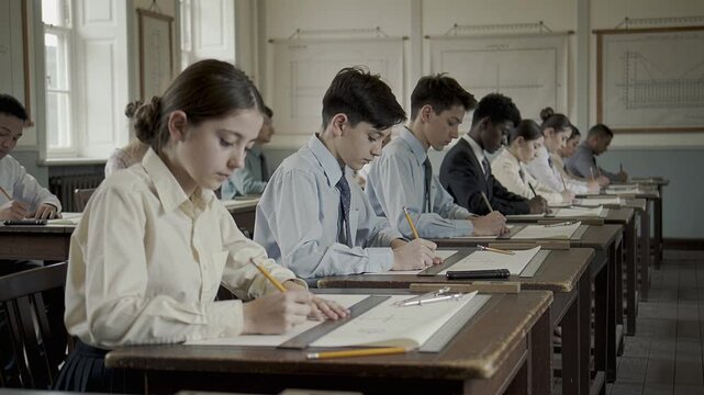 Focused students work on technical drawings in a classroom. The scene conveys discipline and learning, suitable for educational content.