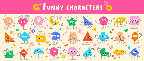 Fototapeta premium Geometric funny characters. Color elements with tiny stick legs, big eyes and funny emotions.