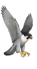 Fototapeta premium A detailed illustration of a peregrine falcon in flight, showcasing its sharp talons and speckled plumage against a white background
