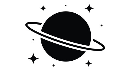 Simple black silhouette of saturn with rings and surrounding stars on white © Ziaul_Studio