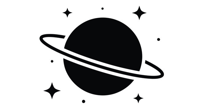 Simple black silhouette of saturn with rings and surrounding stars on white